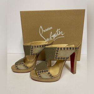 Christian Louboutin Hassaneta Tan Studded Heels sandals taupe 37